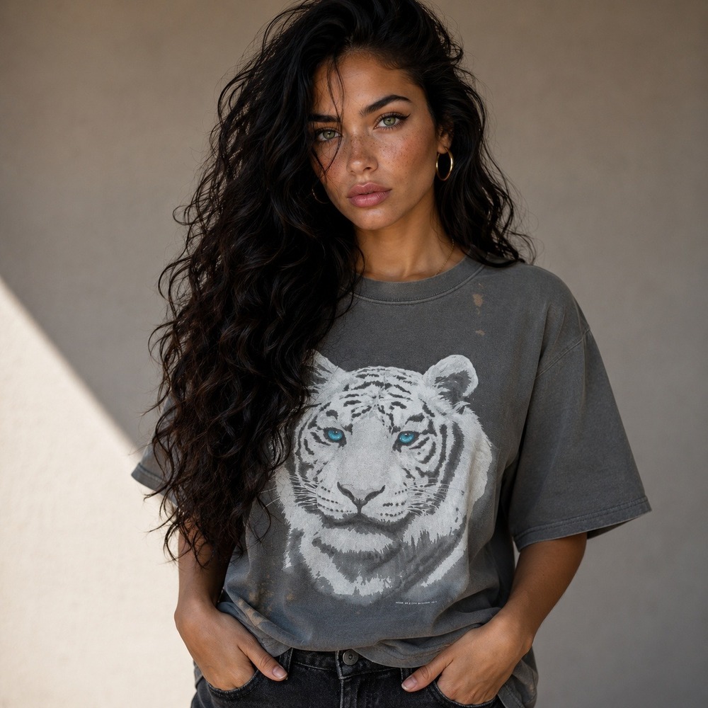 Vintage Sportswear White Tiger Graphic T-Shirt Grey Mens
